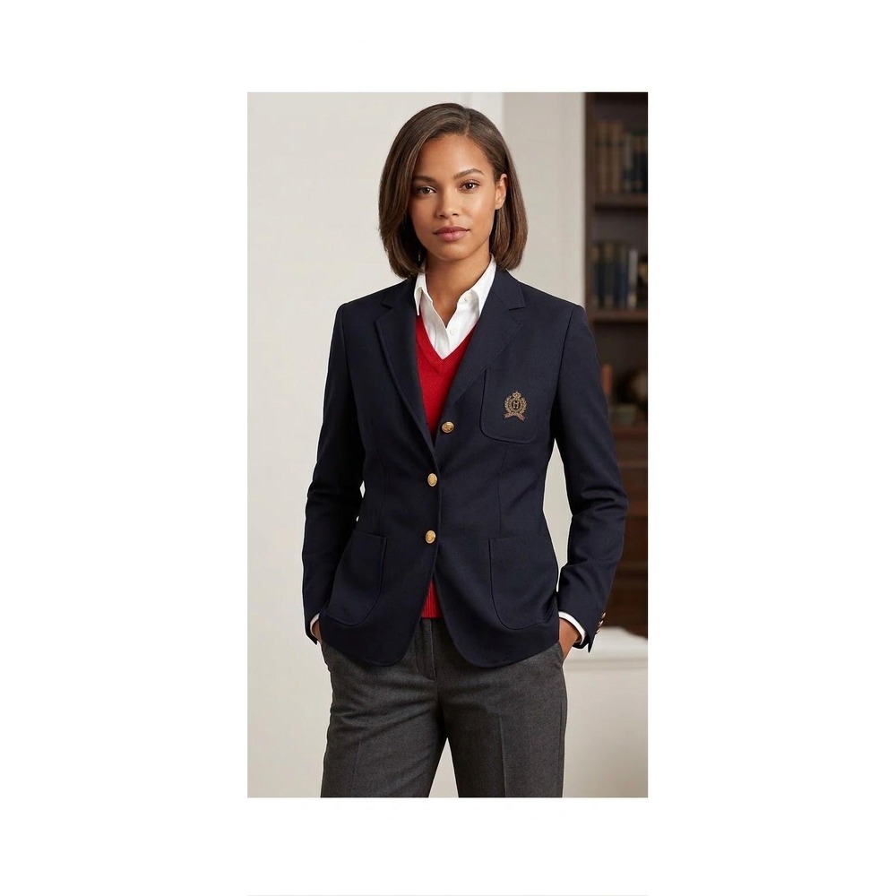 VTG Tommy Hilfiger Wool Crest Blazer Womens Size 6 Navy Wool Gold Buttons 90s